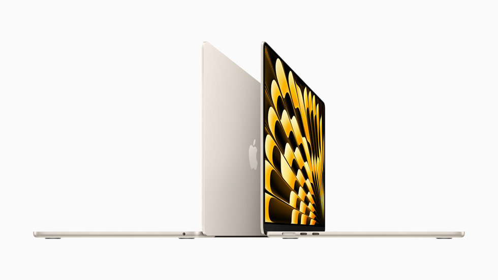İki ince 15 inç MacBook Air bilgisayarın yandan görünümü gösteriliyor.