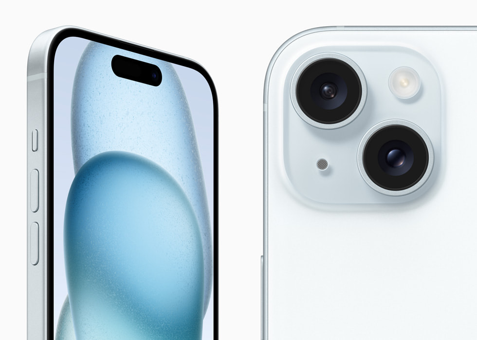 Mavi iPhone 15’in önden ve arkadan görünümü.