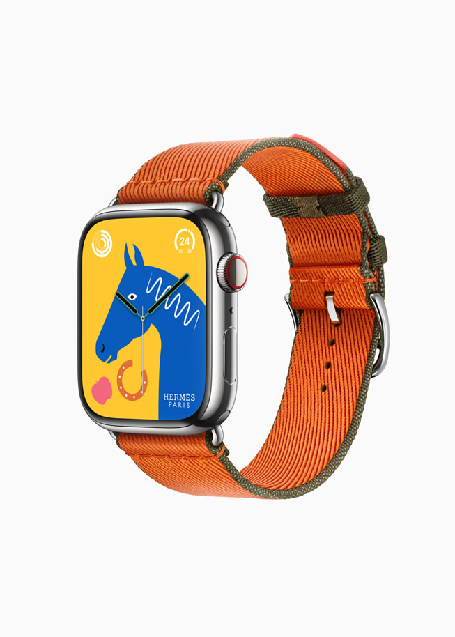 Apple Watch Hermès, Toile H kayışla birlikte gösteriliyor.