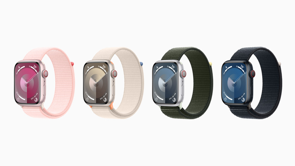 Beyaz bir arka planın önünde dört karbon nötr Apple Watch Series 9 aygıtı gösteriliyor.