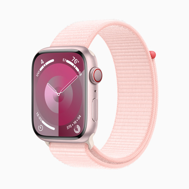 Apple Watch Series 9 i rosa aluminium vist med Sport Loop i rosa.