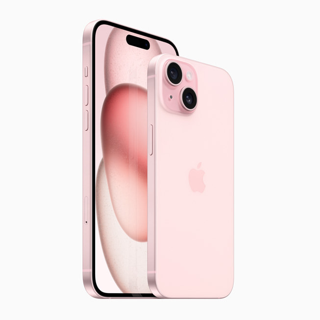 iPhone 15-modellene vist i rosa.