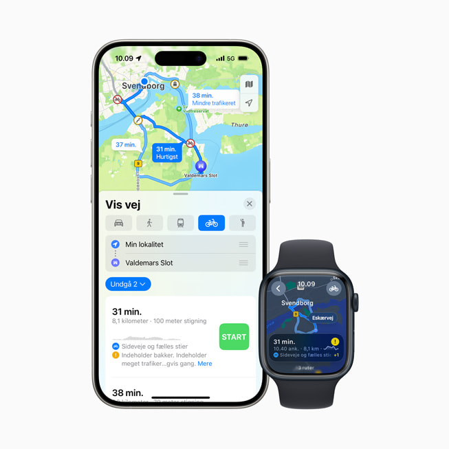 Vejvisning på cykel vises på iPhone 15 Pro og Apple Watch Series 9.