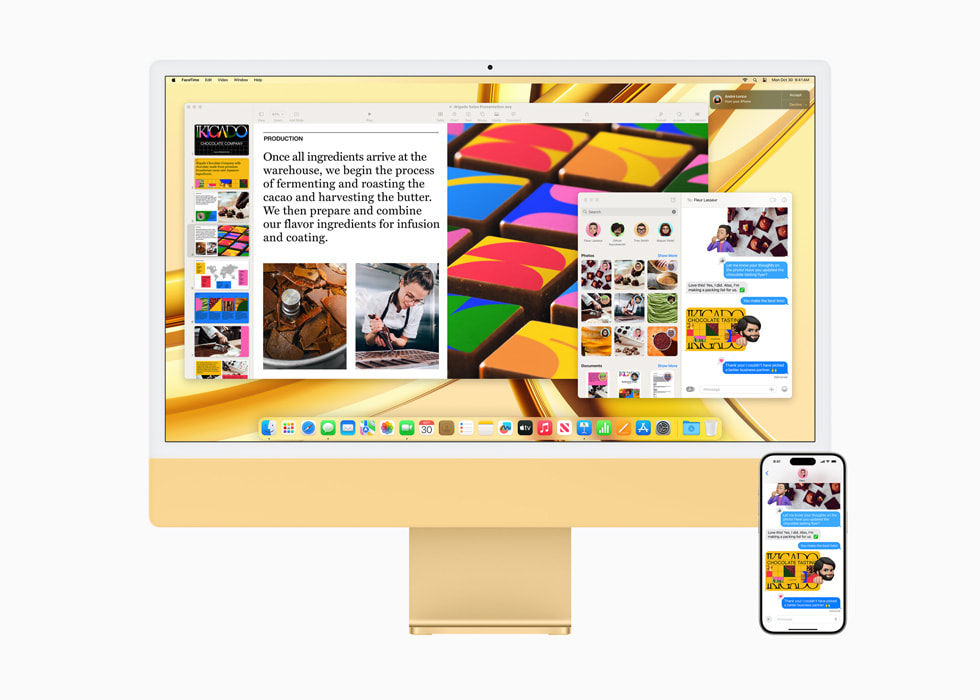 M3 çipe sahip sarı renkli yeni iMac’te ve yanında duran iPhone 15 Pro’da Süreklilik özelliği gösteriliyor.