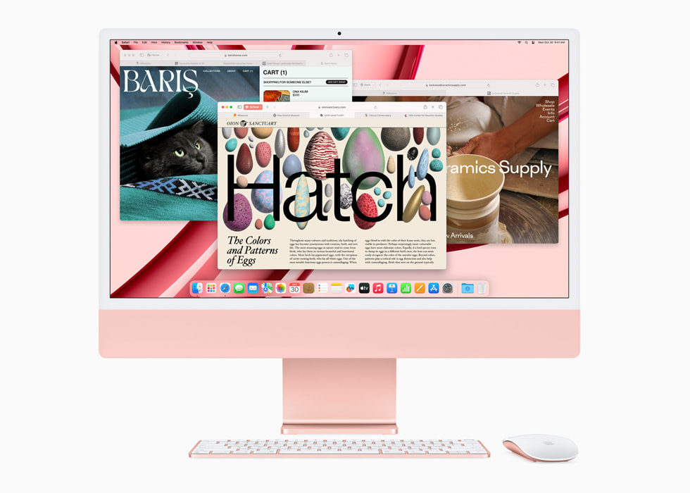 M3 çipe sahip pembe renkli yeni iMac’te Safari ve iMac ile uyumlu renkte klavye ve fare gösteriliyor.