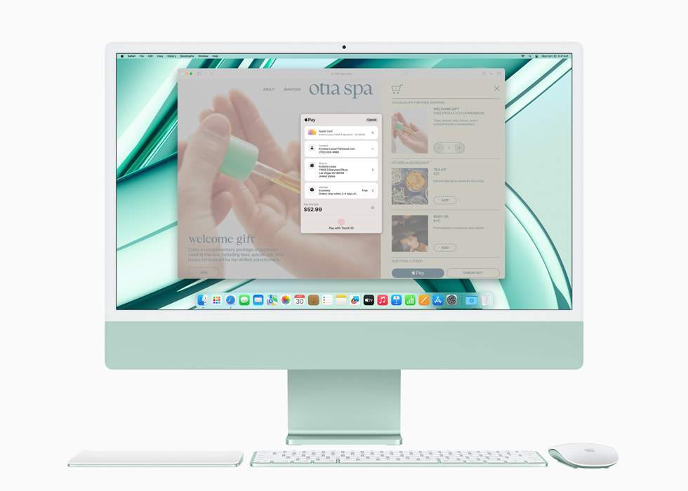 M3 çipe sahip yeşil renkli yeni iMac’te Apple Pay ve iMac ile uyumlu renkte trackpad, klavye ve fare gösteriliyor.