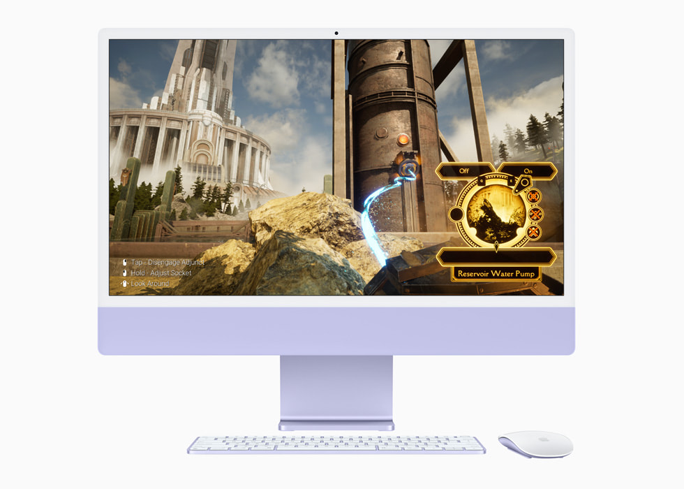 M3 çipe sahip mor renkli yeni iMac’te Firmament oyunu ve iMac ile uyumlu renkte klavye ve fare gösteriliyor.