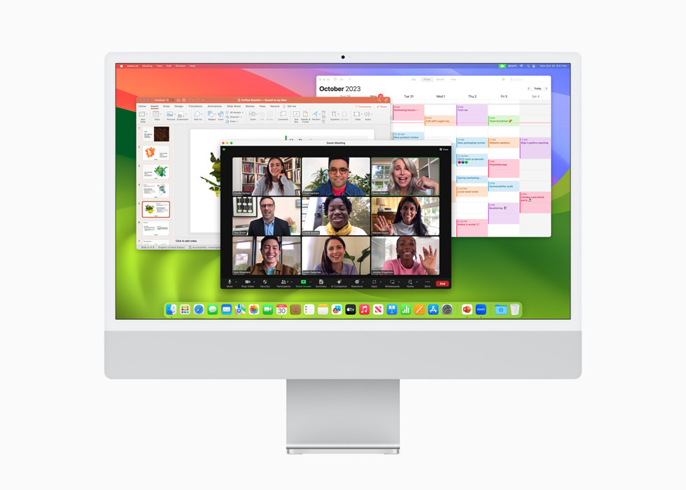M3 çipe sahip gümüş renkli yeni iMac’te macOS Sonoma’nın bir parçası olarak Takvim, Microsoft PowerPoint ve Zoom uygulamaları gösteriliyor.