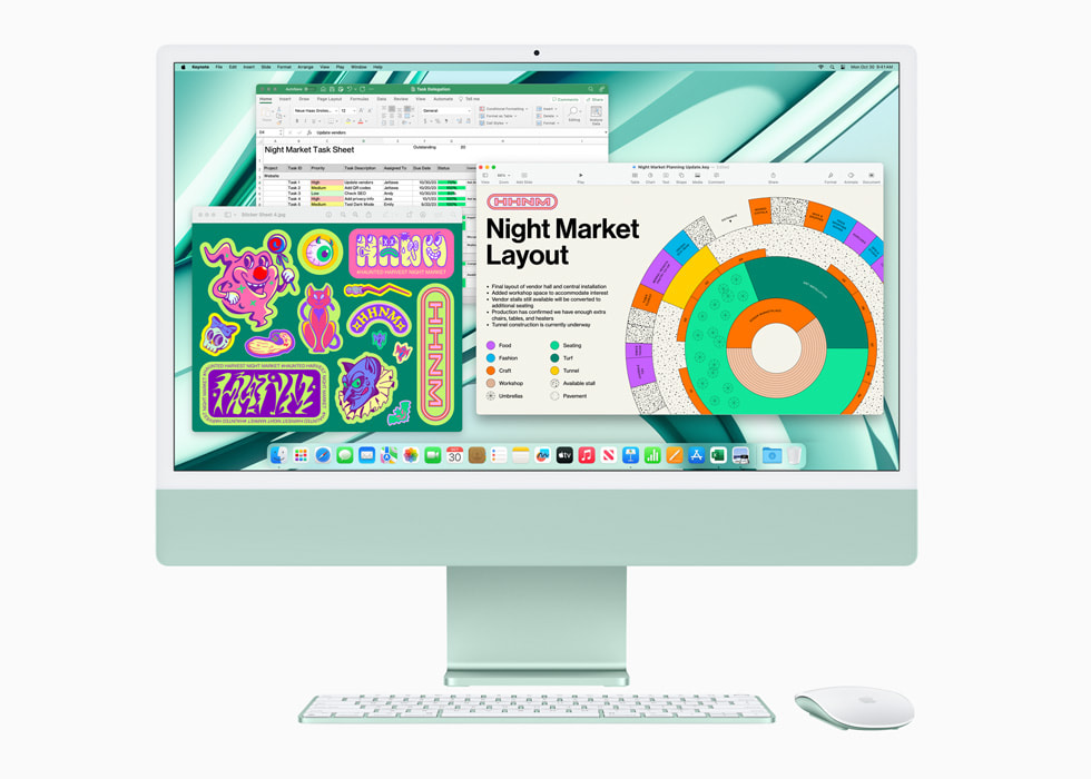 M3 çipe sahip yeşil renkli yeni iMac’te Önizleme, Microsoft Excel ve Keynote uygulamaları ve iMac ile uyumlu renkte klavye ve fare gösteriliyor.