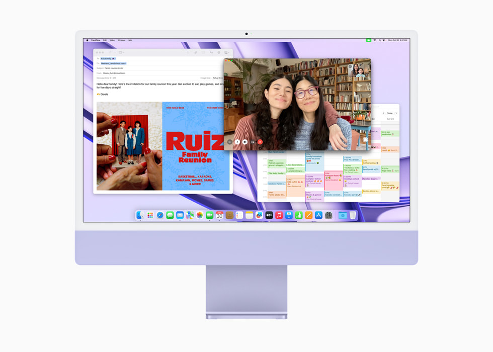 M3 çipe sahip mor renkli yeni iMac’te FaceTime, Takvim ve Mail uygulamaları gösteriliyor.