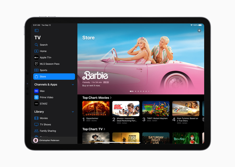 iPad Pro에서 Apple TV 앱의 스토어 인터페이스를 보여주는 모습.