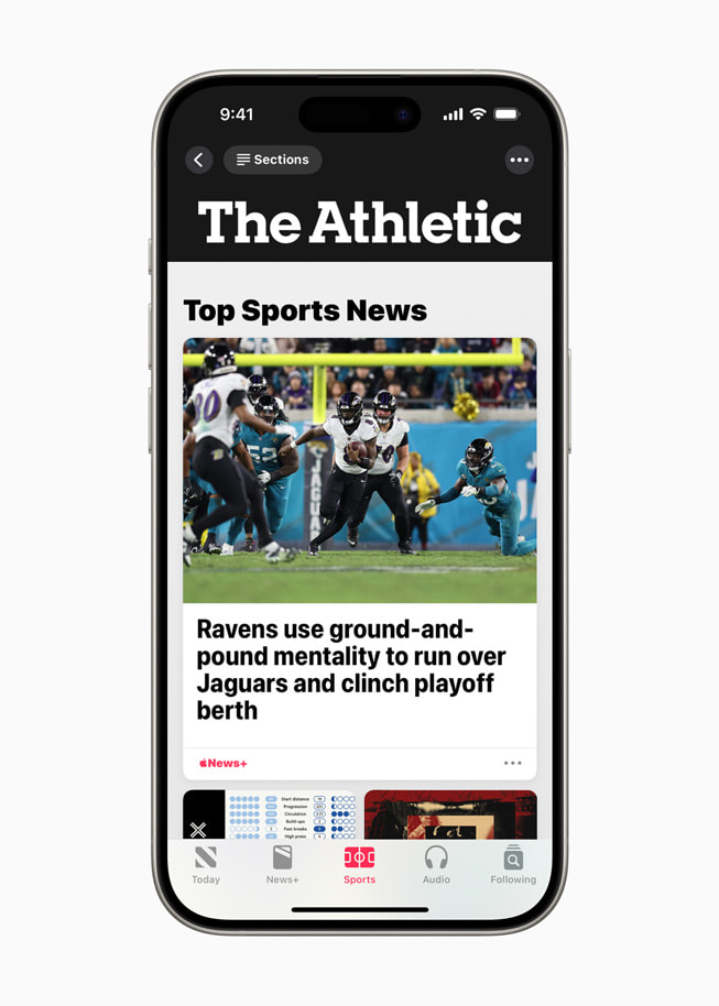 The Athletic is shown in Apple News+ on iPhone 15 Pro.