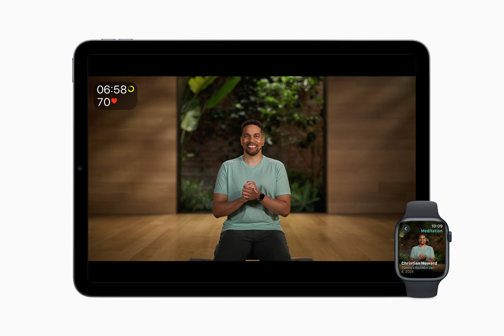 موضوع تأمل "صوت" مع كريستيان هوارد معروض على iPad 
وApple Watch.