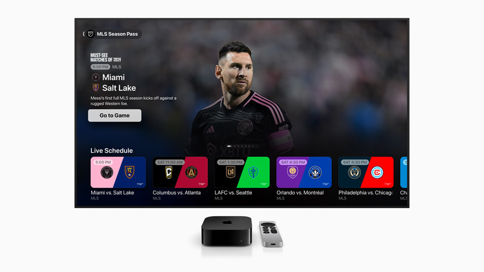 Grensesnittet for MLS Season Pass viser Lionel Messi og oppfordrer brukeren til å se kampen mellom Inter Miami CF og Real Salt Lake.
