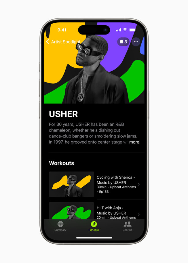 Kunst for den nye Artist Spotlight på Apple Fitness+ med musikk fra USHER.