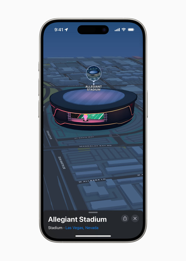 Utsiden av Allegiant Stadium vises i Kart-appen.