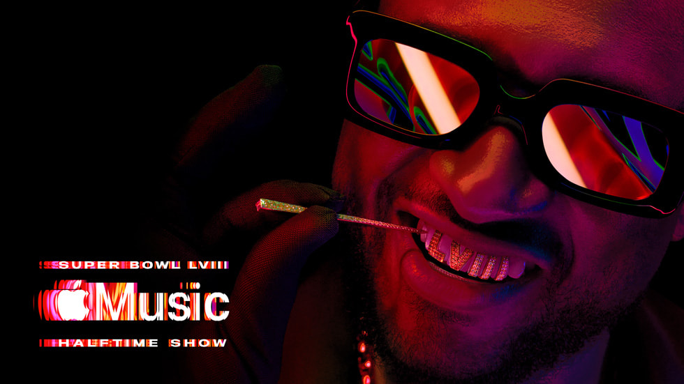 En plakat med Usher og Apple Music Super Bowl LVIII Halftime Show