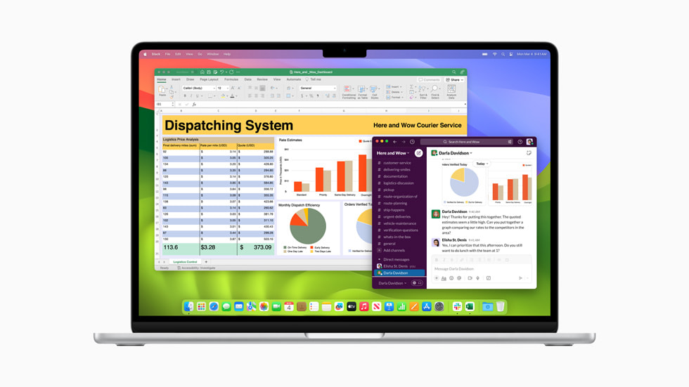 Yeni MacBook Air’de Excel ve Slack gösteriliyor.