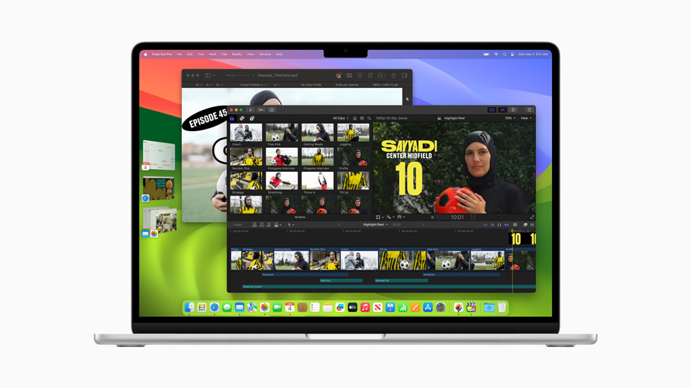 Yeni MacBook Air’de Final Cut Pro, Sahne Yöneticisi ve Pixelmator gösteriliyor.