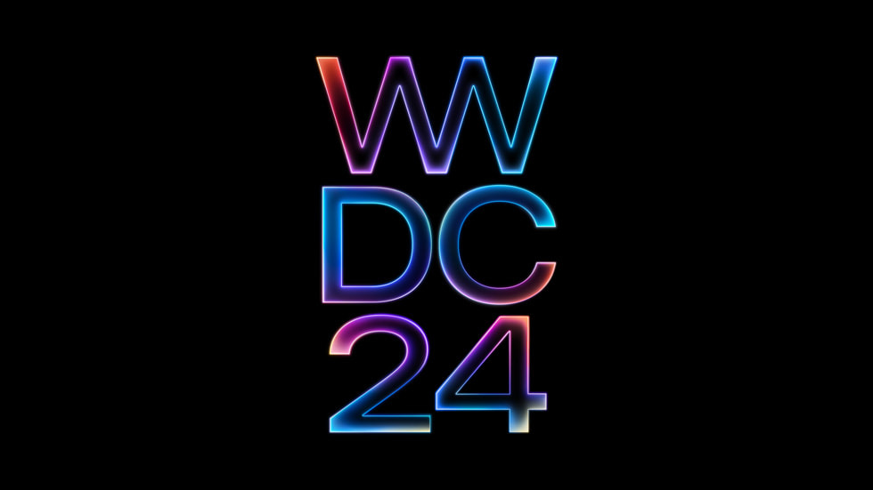 검은색 배경에 다양한 색상과 메탈릭한 서체로 쓰인 WWDC24.