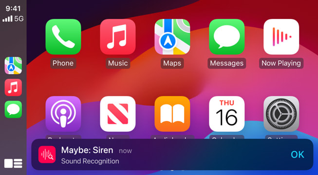 Den nye Lydgjenkjenning-funksjonen i CarPlay varsler brukeren om en mulig sirene.