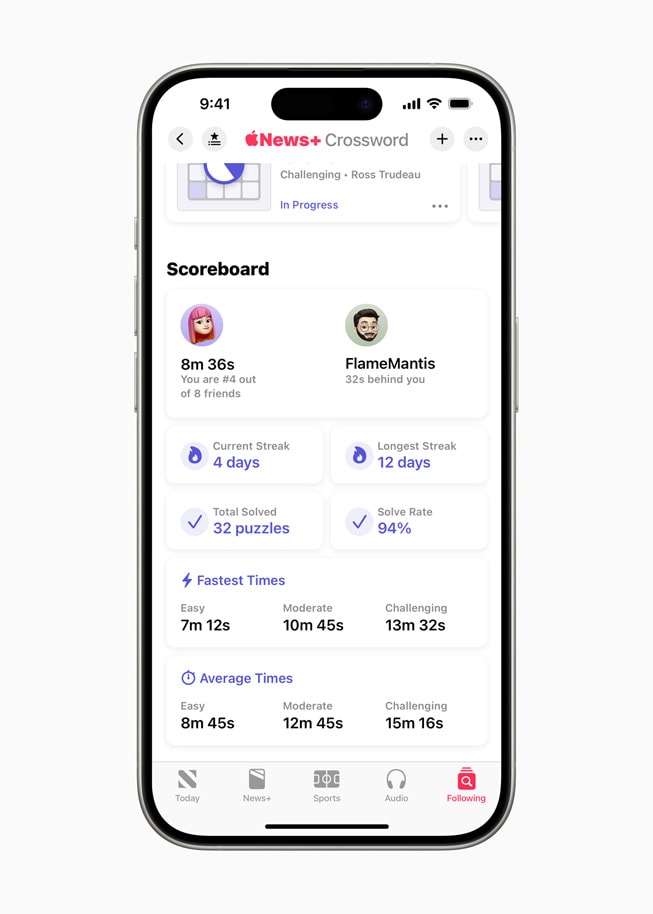 Une grille de mini-mots croisés dans Apple News à l’écran d’un iPhone 15 Pro.
