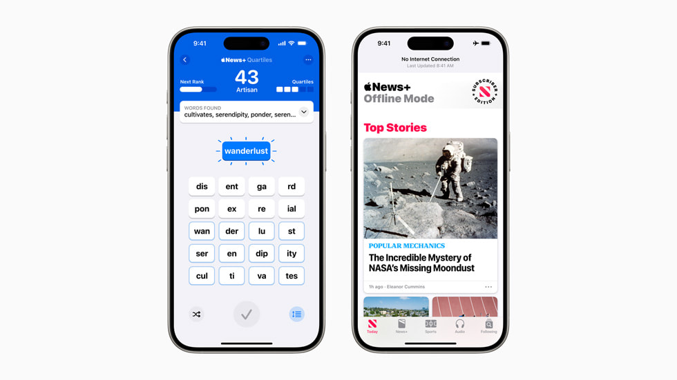Quartiles, un nouveau jeu de lettres original, et le mode hors ligne à l’écran de deux appareils iPhone 15 Pro.