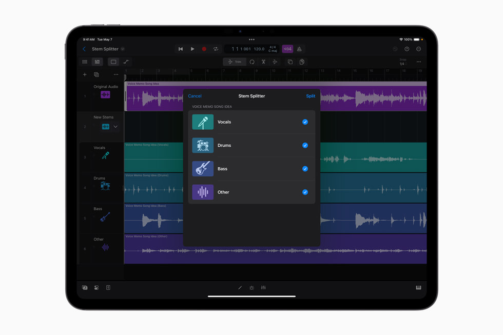 iPad용 Logic Pro 2의 Stem Splitter가 iPad Pro에 표시된 모습. 