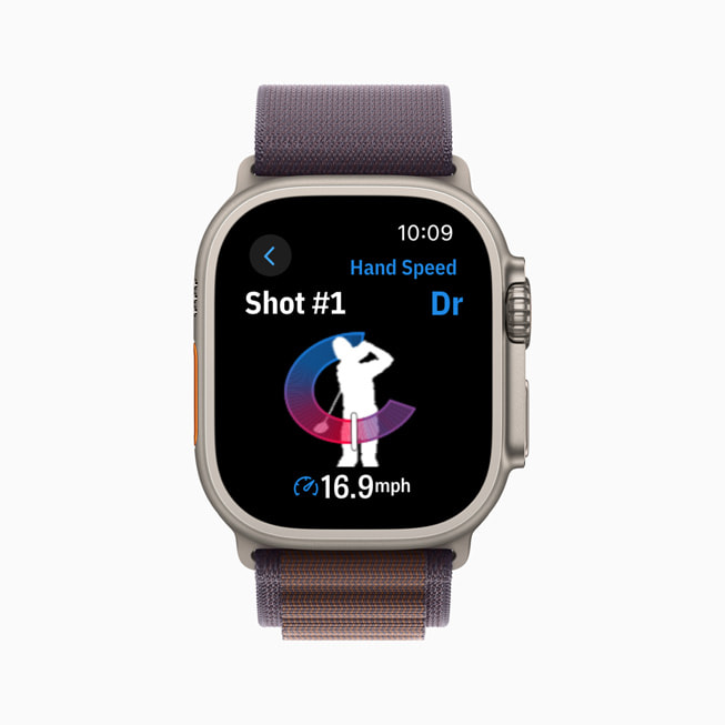 Håndhastighet vist i Golfshot på en Apple Watch.