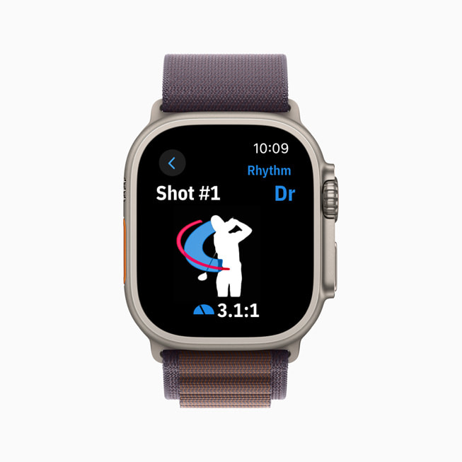 Statystyki dotyczące między innymi rytmu pokazane w aplikacji Golfshot na Apple Watch.