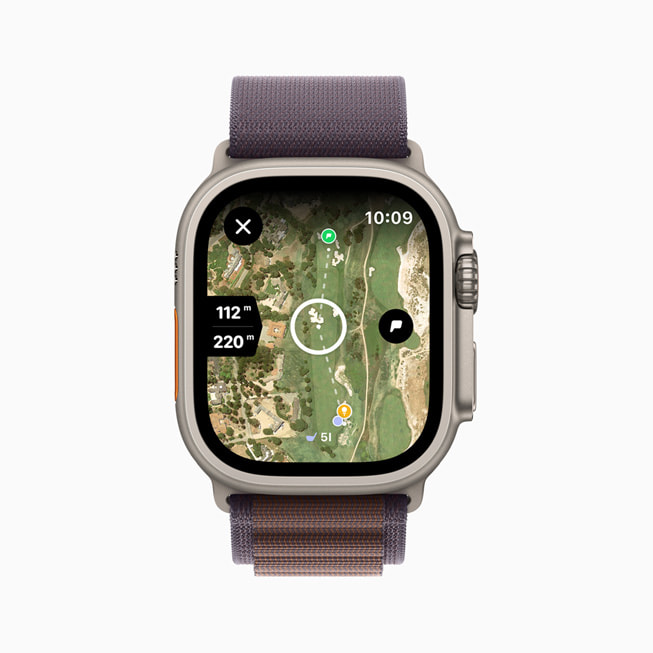 Ilustracja przedstawiająca aplikację Hole19 na Apple Watch.