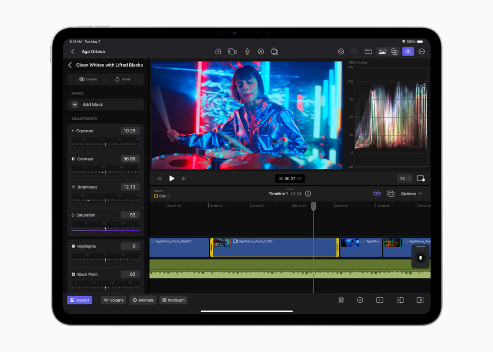 Uzay siyahı 13 inç iPad Pro’daki iPad için Final Cut Pro 2’de renk düzenleme ön ayarları gösteriliyor.