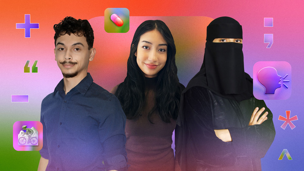 ملصق ملون يحتوي على صور للفائزين في تحدي الطلاب للبرمجة بلغة Swift، ديزموند بلير، وإيلينا غالوزو، وجواهر شامان.