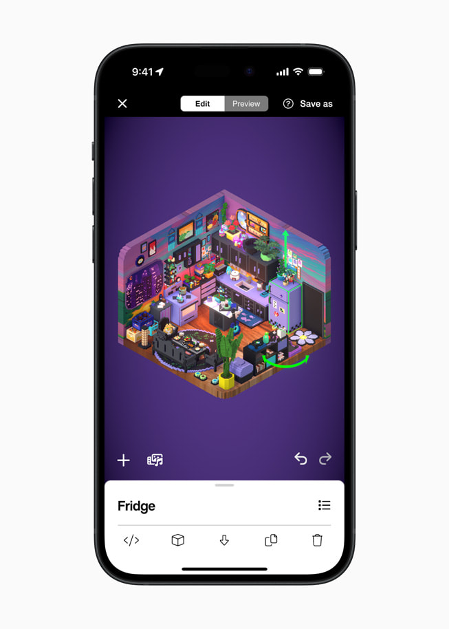 En redigeringsskærm i Rooms-appen vises på iPhone 15 Pro. 