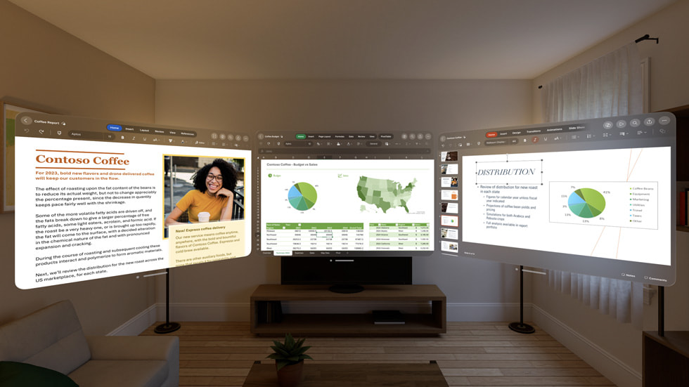 Microsoft Word, Excel og PowerPoint på Apple Vision Pro vises.