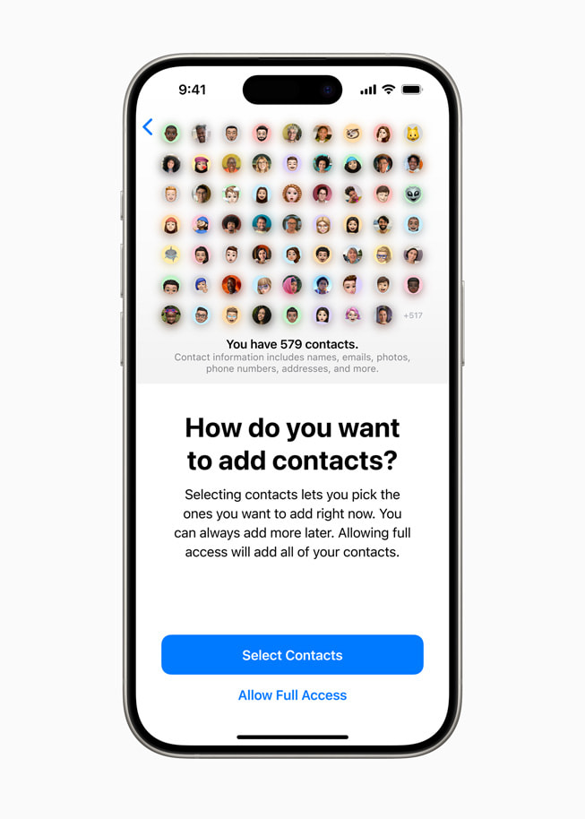 Un iPhone 15 Pro muestra un mensaje en el que se le pregunta al usuario cómo quiere añadir contactos y las opciones para seleccionar contactos y dar acceso a todos.