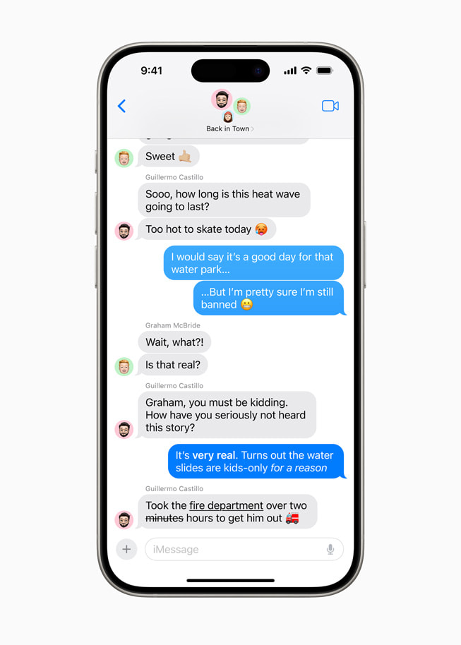 Un iPhone 15 Pro muestra la redacción de un mensaje con una palabra resaltada y el efecto de rebote seleccionado.