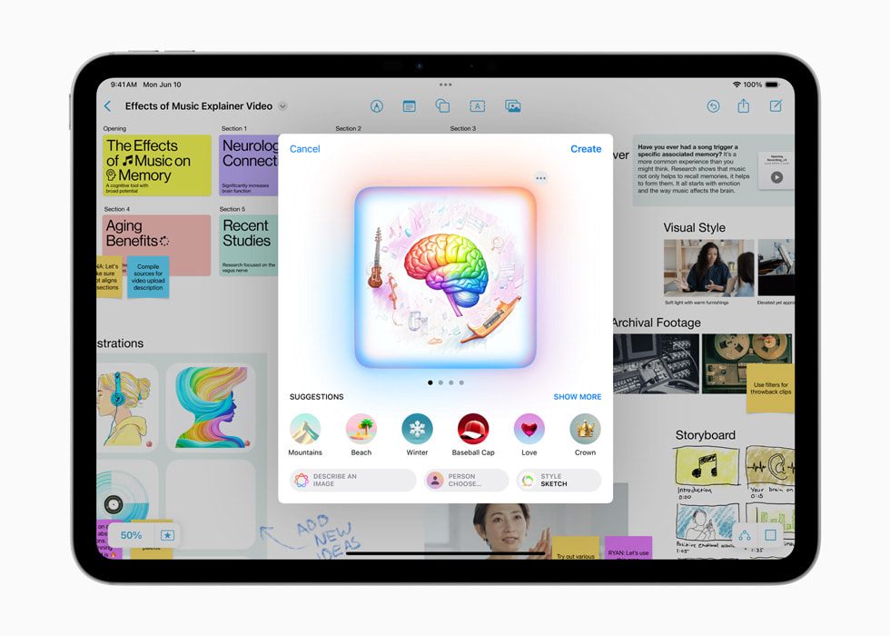 iPad Pro shows a project titled “The Effect of Music on Memory” with a sketch of a person’s profile and colourful music notes.