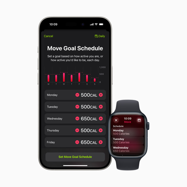 Un iPhone 15 Pro y un Apple Watch Series 9 muestran un menú donde los usuarios pueden configurar su objetivo de Movimiento.