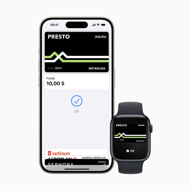 Les écrans d’un iPhone 15 Pro et d’une Apple Watch Series 9 affichent une carte PRESTO.