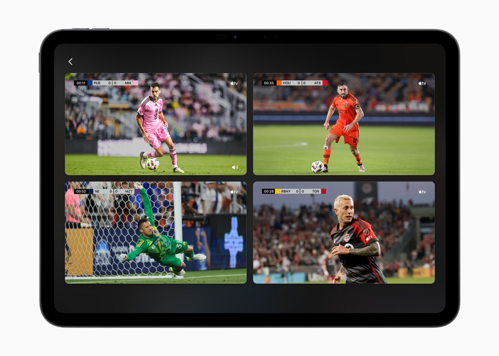 Et skærmbillede fra MLS Season Pass på 11" iPad Pro viser fire forskellige livekampe.