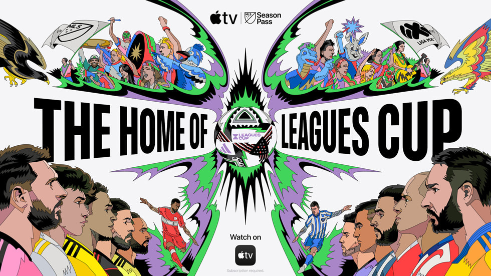 En illustration viser MLS-fans og -spillere til venstre, Liga MX-fans og -spillere til højre og ordene “The Home of Leagues Cup” i midten.