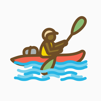 Primer plano de un sticker animado que tiene una persona haciendo kayak. 