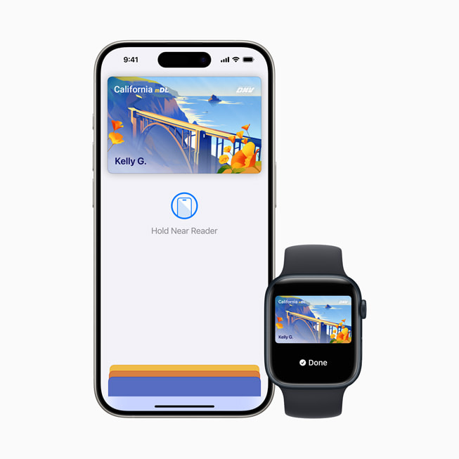 Se muestran las identificaciones estatales y licencias de conducir de California en Apple Wallet en un iPhone 15 Pro.