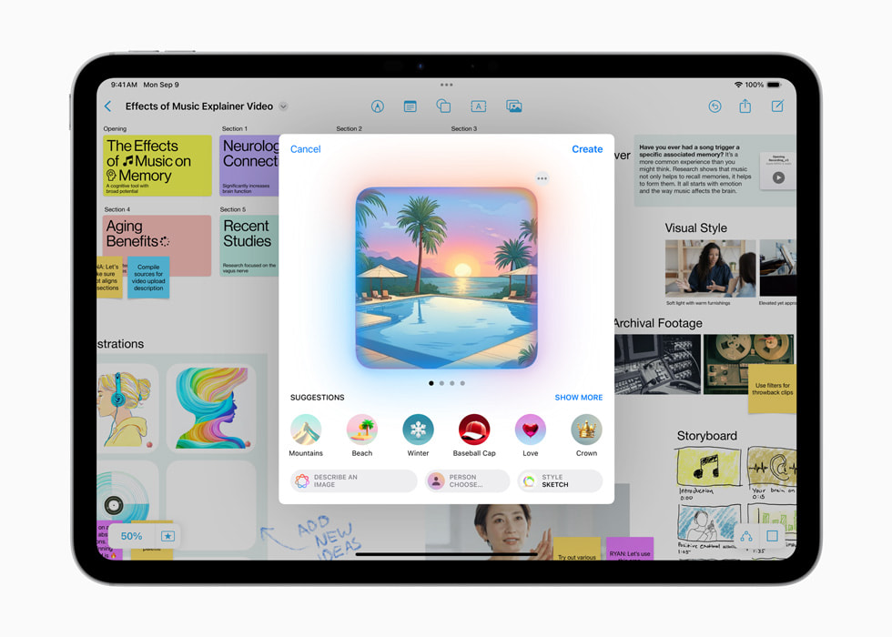 iPad Pro 11 menampilkan layar Image Playground yang memperlihatkan ilustrasi matahari terbenam.
