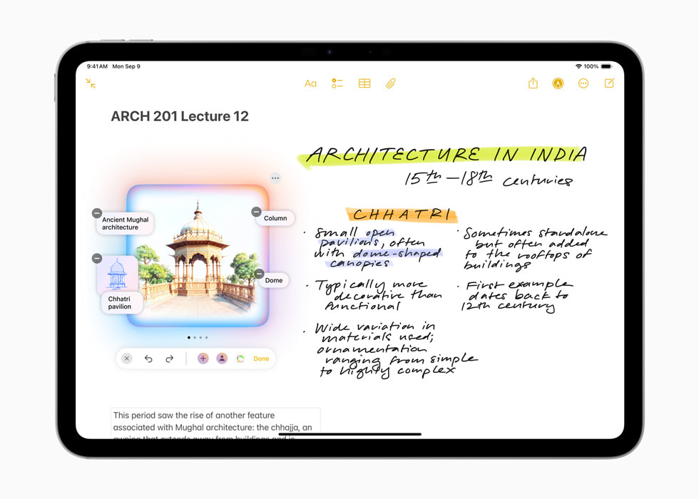 iPad Pro 11 menampilkan layar Image Wand yang menampilkan catatan tertulis tentang arsitektur di India disertai gambar paviliun.