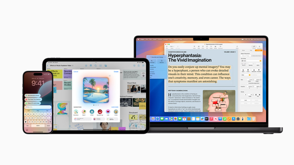 iPhone 16, iPad Pro 11, dan MacBook Pro 14 menampilkan layar Apple Intelligence.