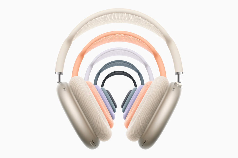 AirPods Max-hörlurar i färgerna stjärnglans, orange, lila, blått och midnatt. 