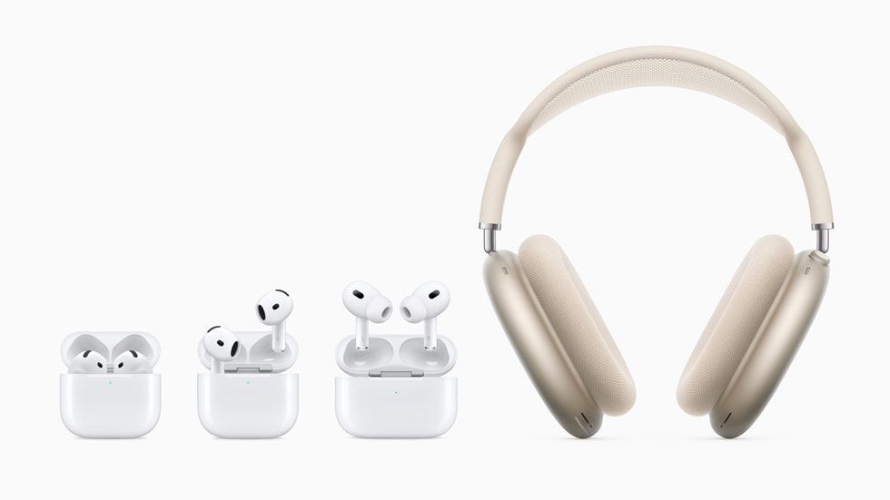 Bild på AirPods 4, AirPods 4 med aktiv brusreducering, AirPods Pro 2 och AirPods Max i stjärnglans.