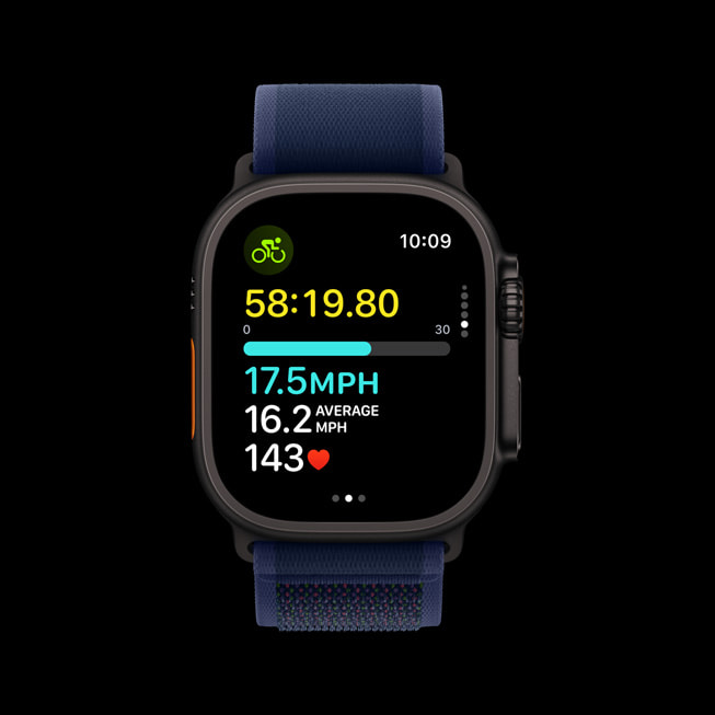 Cycling metrics displayed on Apple Watch Ultra 2.